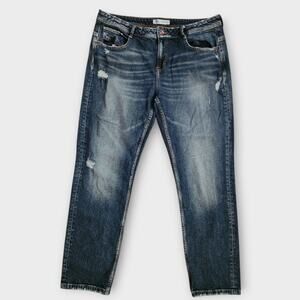 Zara Jeans Women's 12 Straight Cropped Dark Wash Blue Denim Distressed Mid-Rise